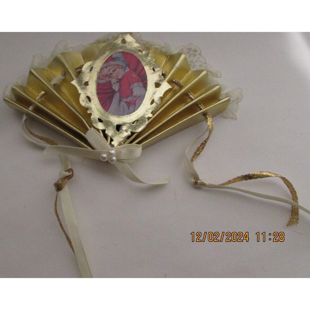 Vintage Christmas ornament gold fan with lace and beads Victorian girl